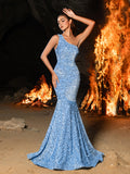 Elegant One Shoulder Sleeveless Sequin Mermaid Dresses