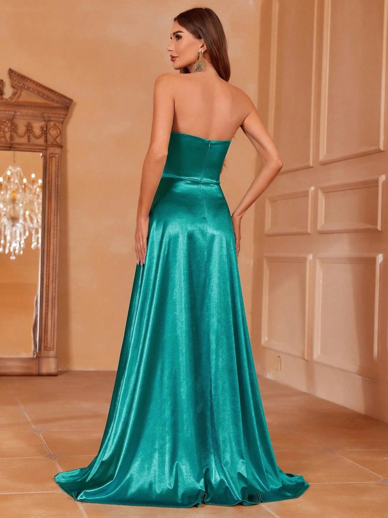 Twist Front Split Thigh Satin Tube Formal Dress - Elonnashop
