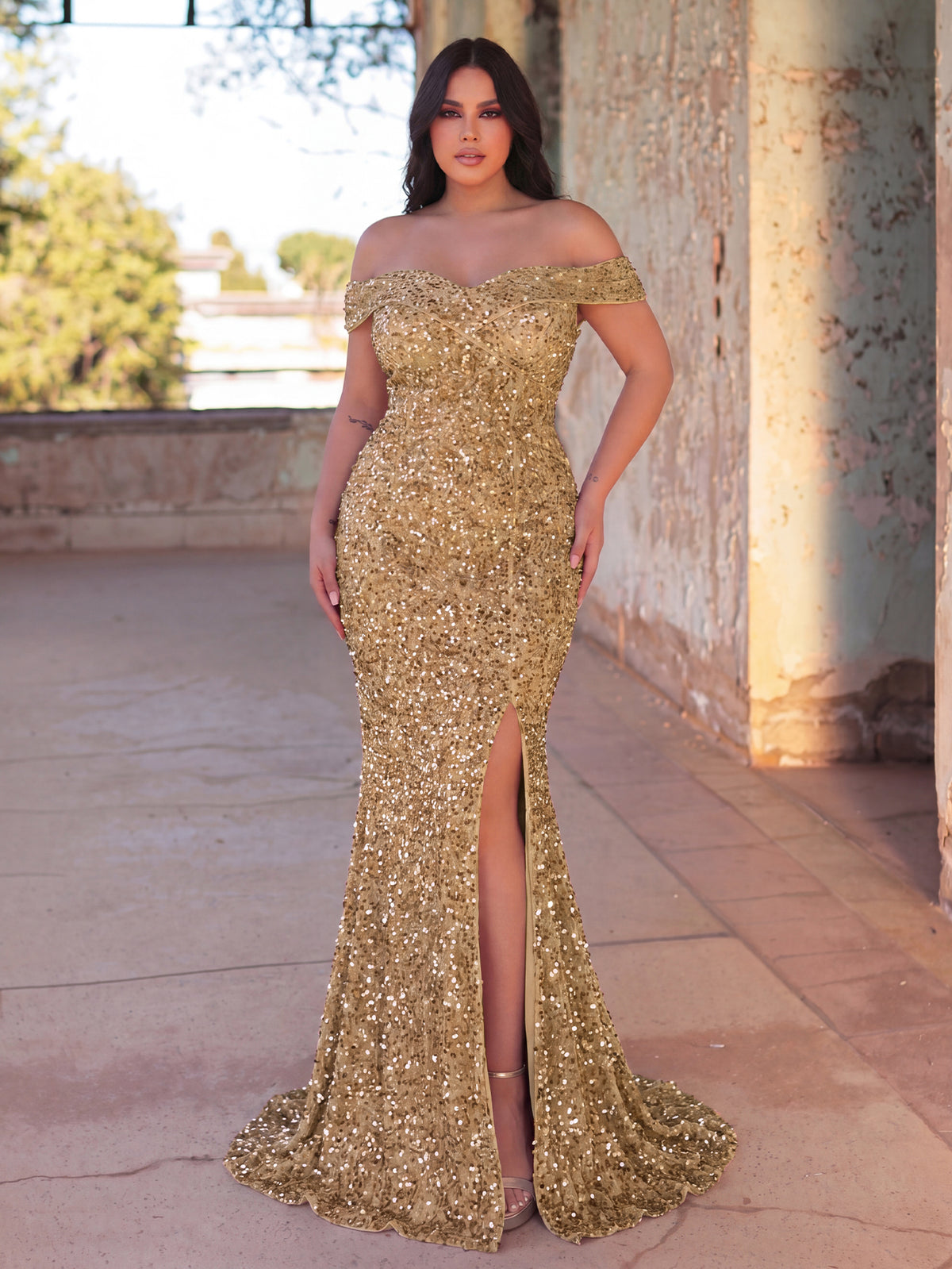Plus Elegant Off Shoulder Split Sequin Mermaid Formal Dress