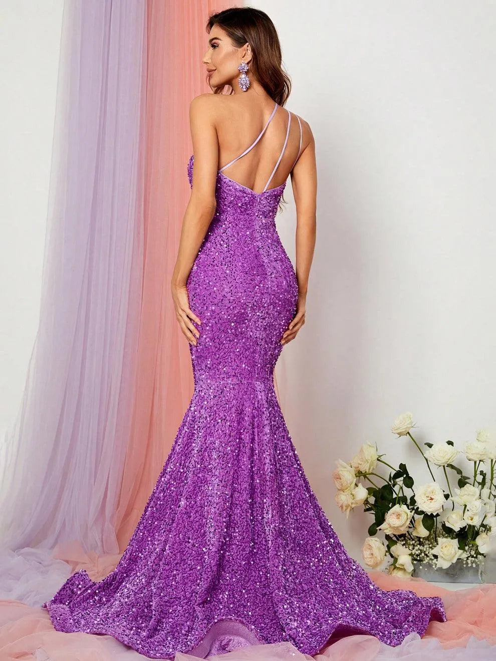 Elegant One Shoulder Sleeveless Sequin Mermaid Dresses - Elonnashop