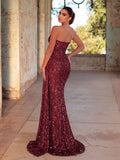 Sequin-Embellished Strapless Mermaid Gown with High Slit, Sweetheart Neckline & Cascading Train Detail | Glittering Maxi Dress for Evening Party & Formal Events
