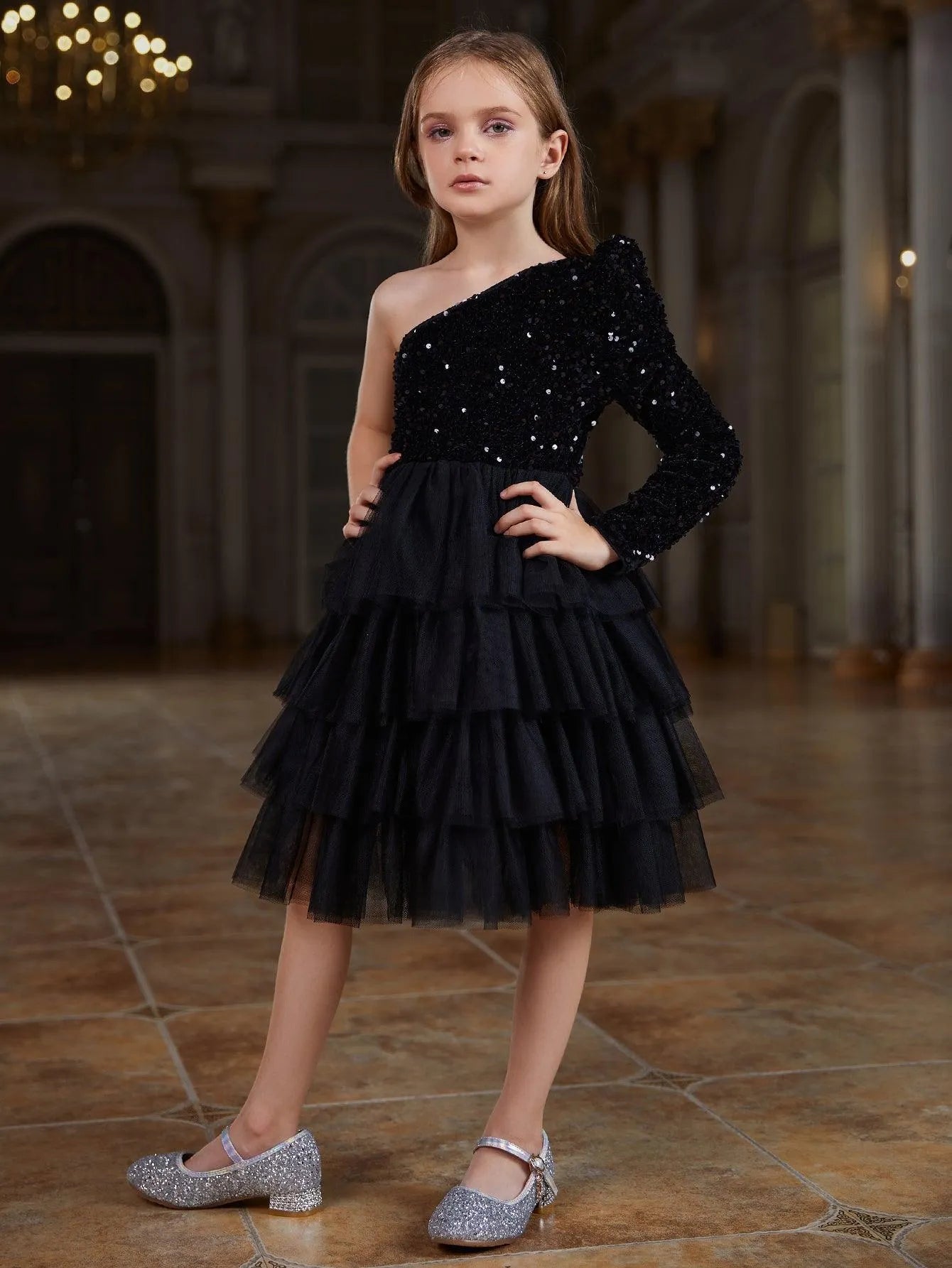 Tween Girls' One Shoulder Mesh Lyaered Hem Party Dress - Elonnashop