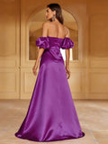 Off Shoulder Puff Sleeve Satin A Line Dress - Elonnashop