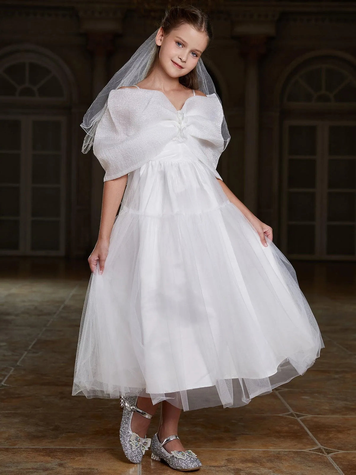 Tween Girls' Bow Front Off Shoulder Mesh A Line Dress - Elonnashop