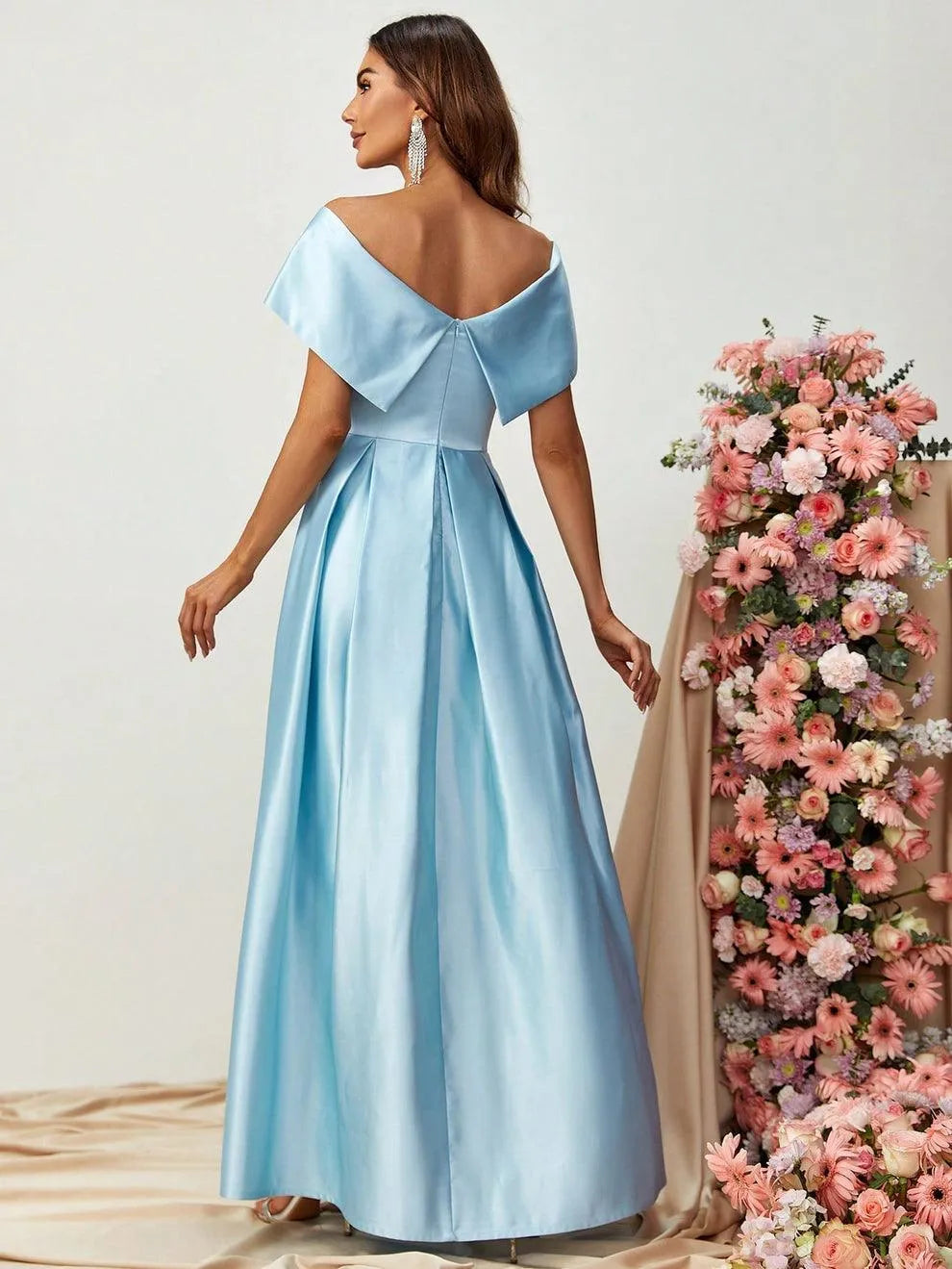 Off Shoulder Fold Pleated Detail Satin A Line Dress - Elonnashop