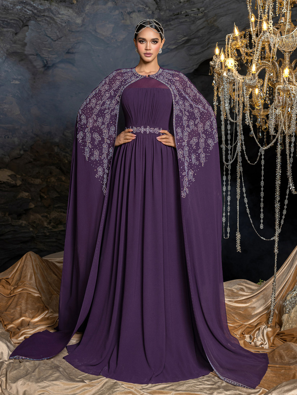 Gorgeous Two-Piece Chiffon Evening Dress | Rhinestone Cape Sleeves & A-Line Skirt with Cathedral Train