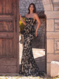 Elegant Strapless Mermaid Hem Floral Sequin Formal Evening Dress