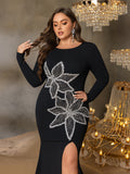 Plus Sequin Floral Embellished Gown | High Neck Long Sleeve Maxi Dress with V-Back & High Side Slit | Formal Evening Dress for Parties, Galas, Proms