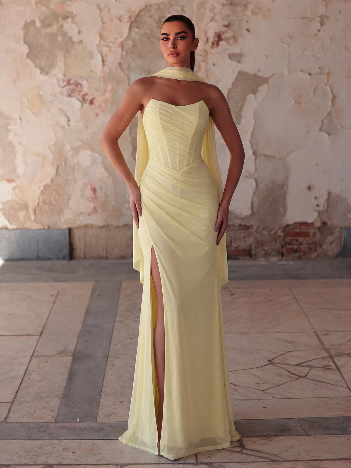 Elegant Strapless Maxi Dress | Ruched Tulle Gown with High Front Slit and Open Back Lace-Up Detail