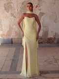 Elegant Strapless Maxi Dress | Ruched Tulle Gown with High Front Slit and Open Back Lace-Up Detail
