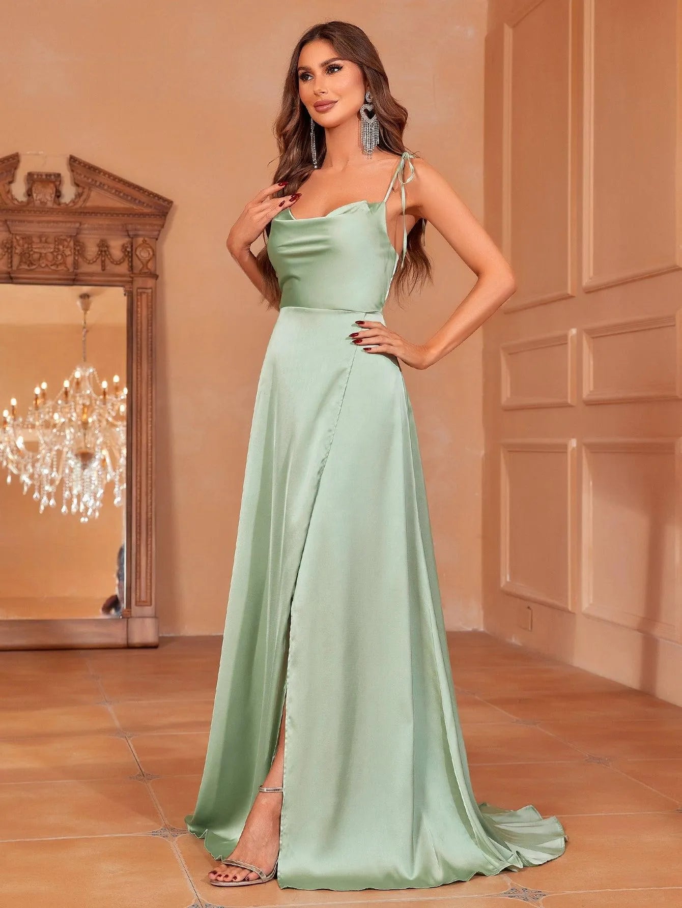 Elegant Tie Shoulder Satin Bridesmaid Dress - Elonnashop