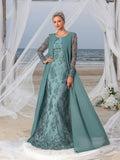 Womens' Elegant Lace Mermaid Gown - Sheer Sleeves & Intricate Lace Patterns with Chiffon Overlay for Beach Weddings, Romantic Coastal Events