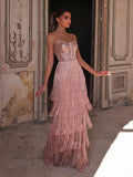Sparkling Sequin & Fringe Maxi Dress | Strapless Sweetheart Neckline, High Side Slit, Open Back | Glam Evening Gown for Parties, Galas, Prom