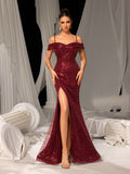 Elegant Sequined Off-Shoulder Gown with High Slit – Luxury Evening Wear for Red Carpet, Gala Dinners & Formal Weddings, XS-XL