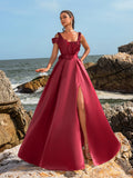Elegant Square Collar Buckle Belted Split Satin Prom Dress
