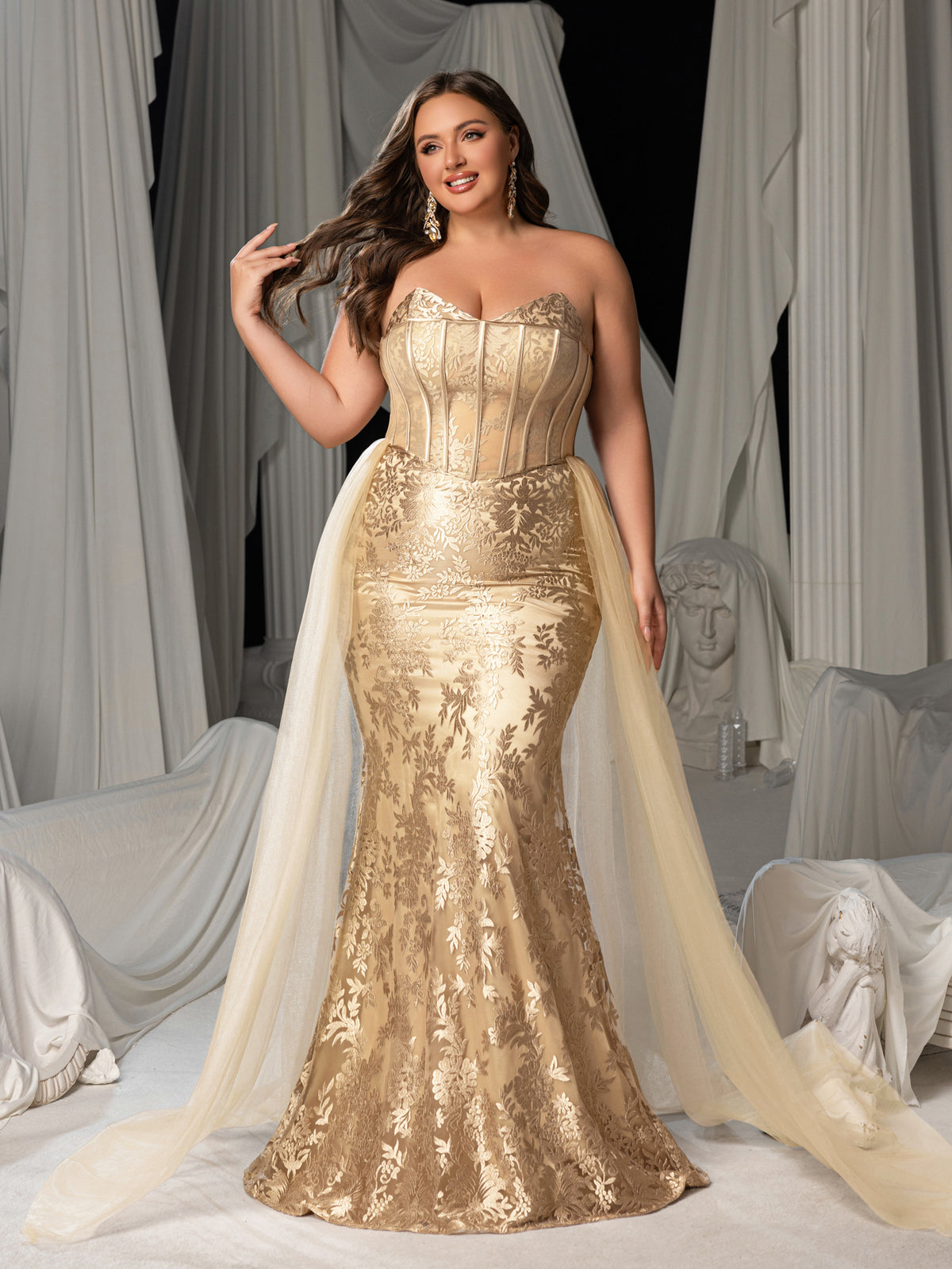 Plus Luxury Embroidered Mermaid Gown with Flowing Veil – Elegant Satin Bridal Attire for Weddings, Red Carpet & Formal Galas, 1XL-3XL
