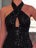 Crisscross Cut Out Sequin Flare Leg Jumpsuit