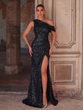 One-Shoulder Sequined Gown with Thigh-High Slit