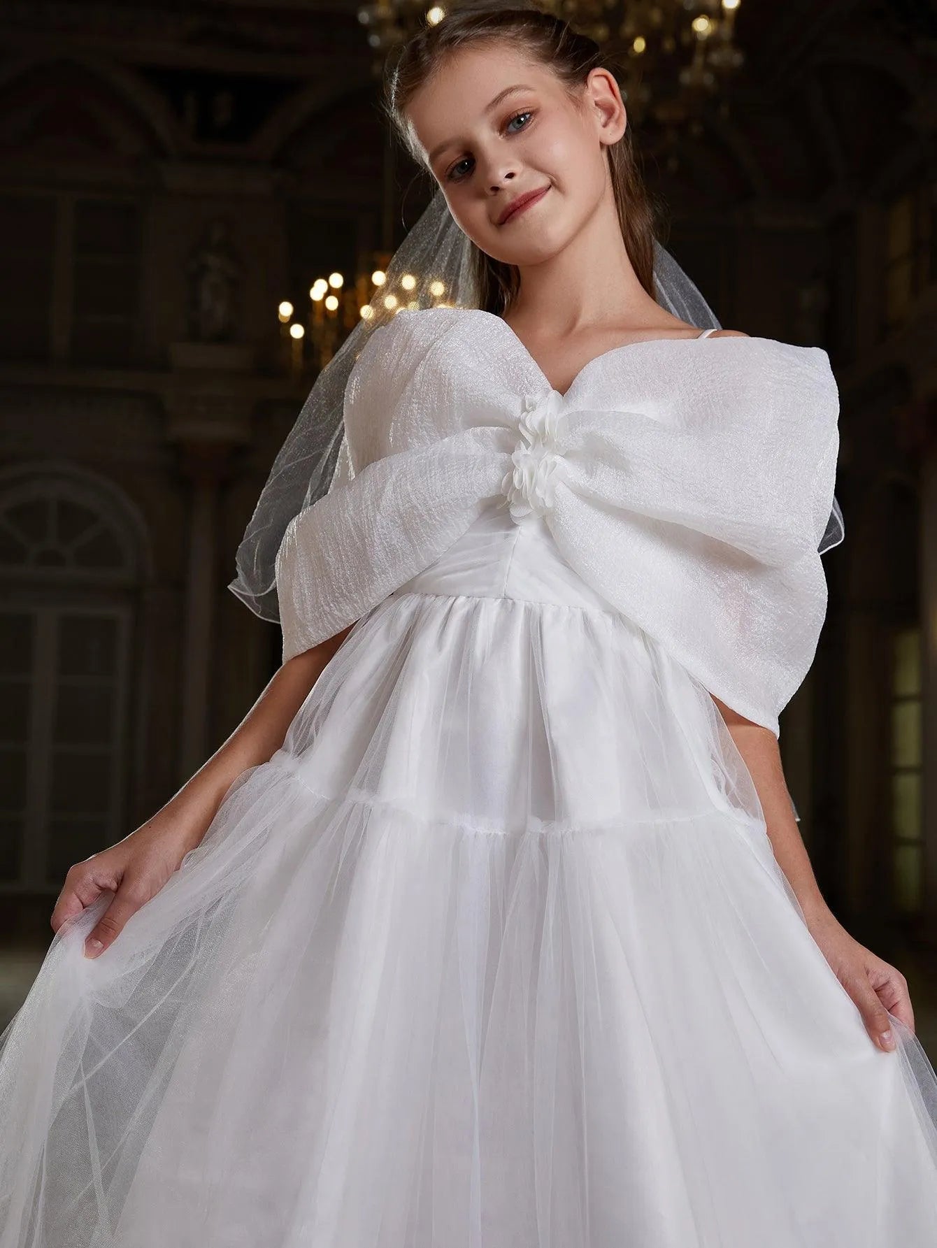 Tween Girls' Bow Front Off Shoulder Mesh A Line Dress - Elonnashop