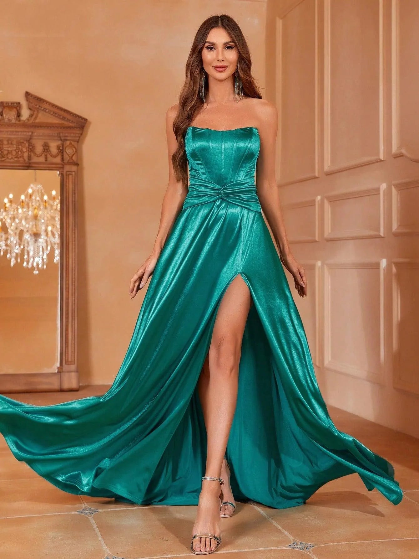 Twist Front Split Thigh Satin Tube Formal Dress - Elonnashop
