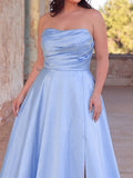 Plus Elegant Strapless Satin Maxi Dress with High Front Slit, Open Back Lace-Up Corset, Flowy A-Line Skirt for Galas, Weddings, Prom