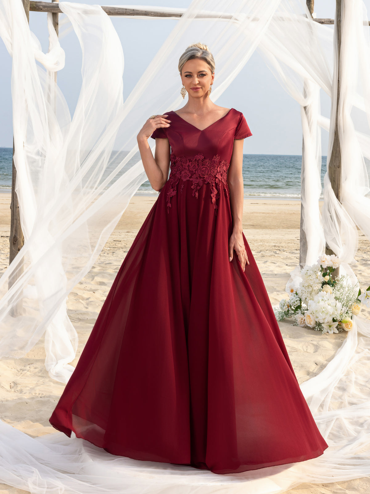 Womens' Elegant Chiffon Evening Gown with V-Neck & Short Sleeves – Intricate Lace Floral Appliqués on Bodice, Floor-Length Flowing Skirt for Outdoor Ceremonies, Formal Garden Parties & Upscale Evening Events