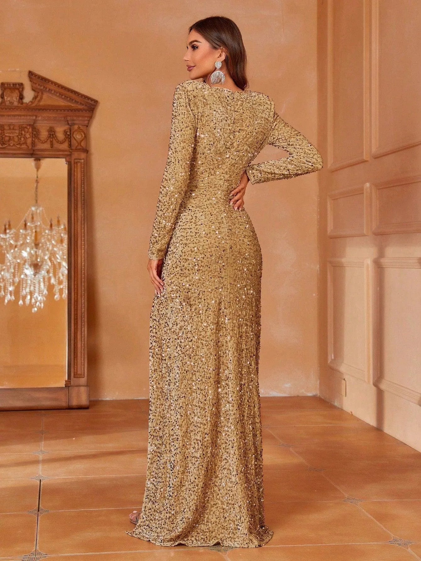 Surplice Neck Ruched Sequin Party Dress - Elonnashop