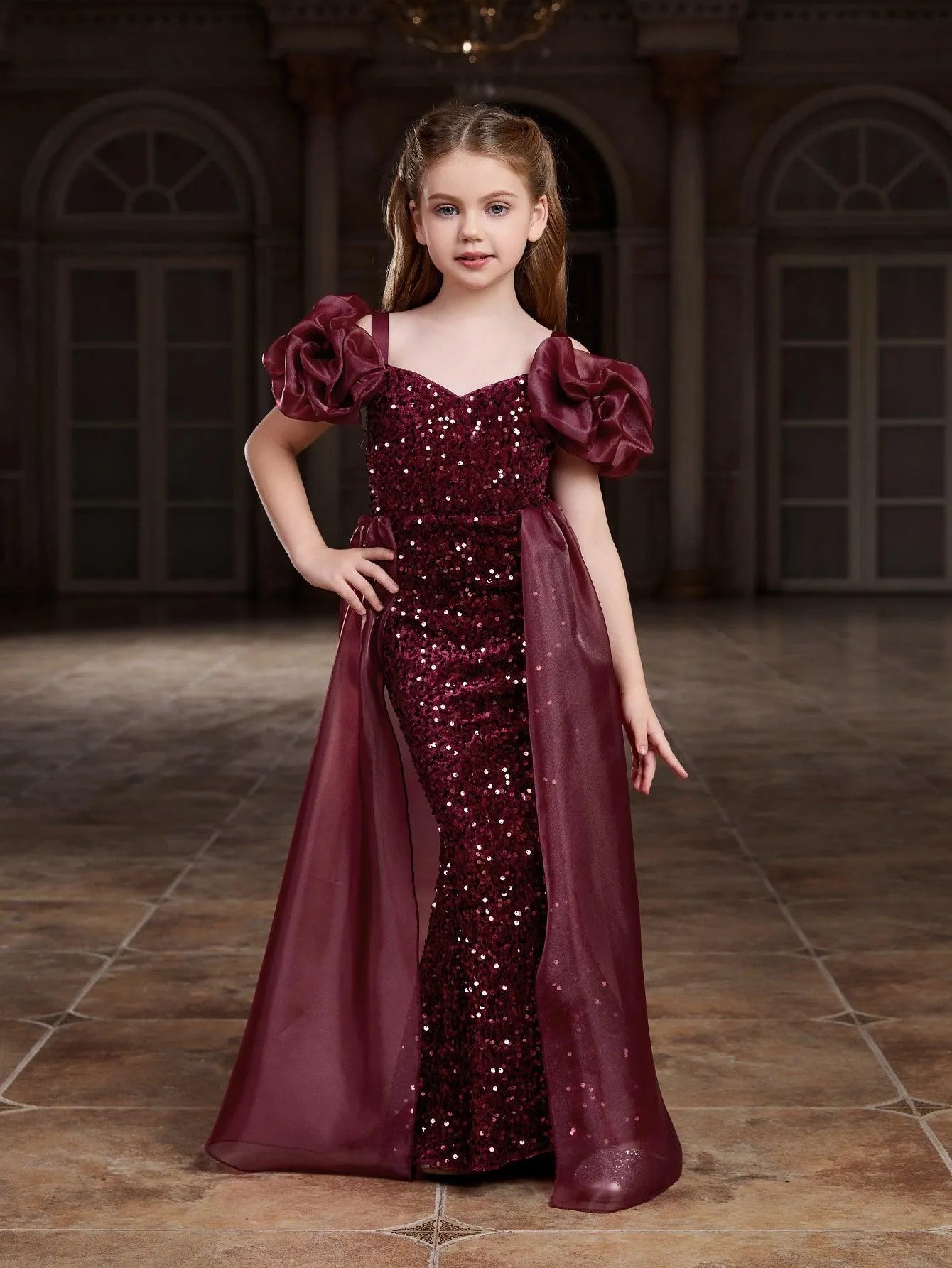 Tween Girls' Sweetheart Collar Mesh Overlay Sequin Mermaid Dress - Elonnashop