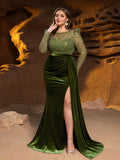 Plus Luxury Formal Gown with Sequin Bodice, Puffed Sleeves, Velvet High-Slit Skirt