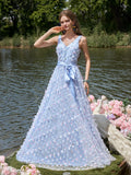 Elegant Floral Applique Tulle V Neck Sleeveless Evening Dress