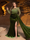 Plus Luxury Formal Gown with Sequin Bodice, Puffed Sleeves, Velvet High-Slit Skirt