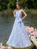 Elegant Floral Applique Tulle V Neck Sleeveless Evening Dress