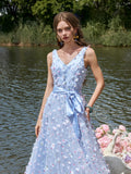 Elegant Floral Applique Tulle V Neck Sleeveless Evening Dress