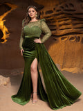 Plus Luxury Formal Gown with Sequin Bodice, Puffed Sleeves, Velvet High-Slit Skirt