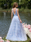 Elegant Floral Applique Tulle V Neck Sleeveless Evening Dress