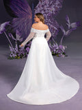 Plus Gorgeous Off Shoulder Sheer Sleeves Mermaid Hem Sequin Wedding Dress with Satin Train