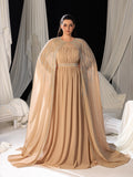Plus Gorgeous Two-Piece Chiffon Evening Dress | Rhinestone Cape Sleeves & A-Line Skirt with Cathedral Train