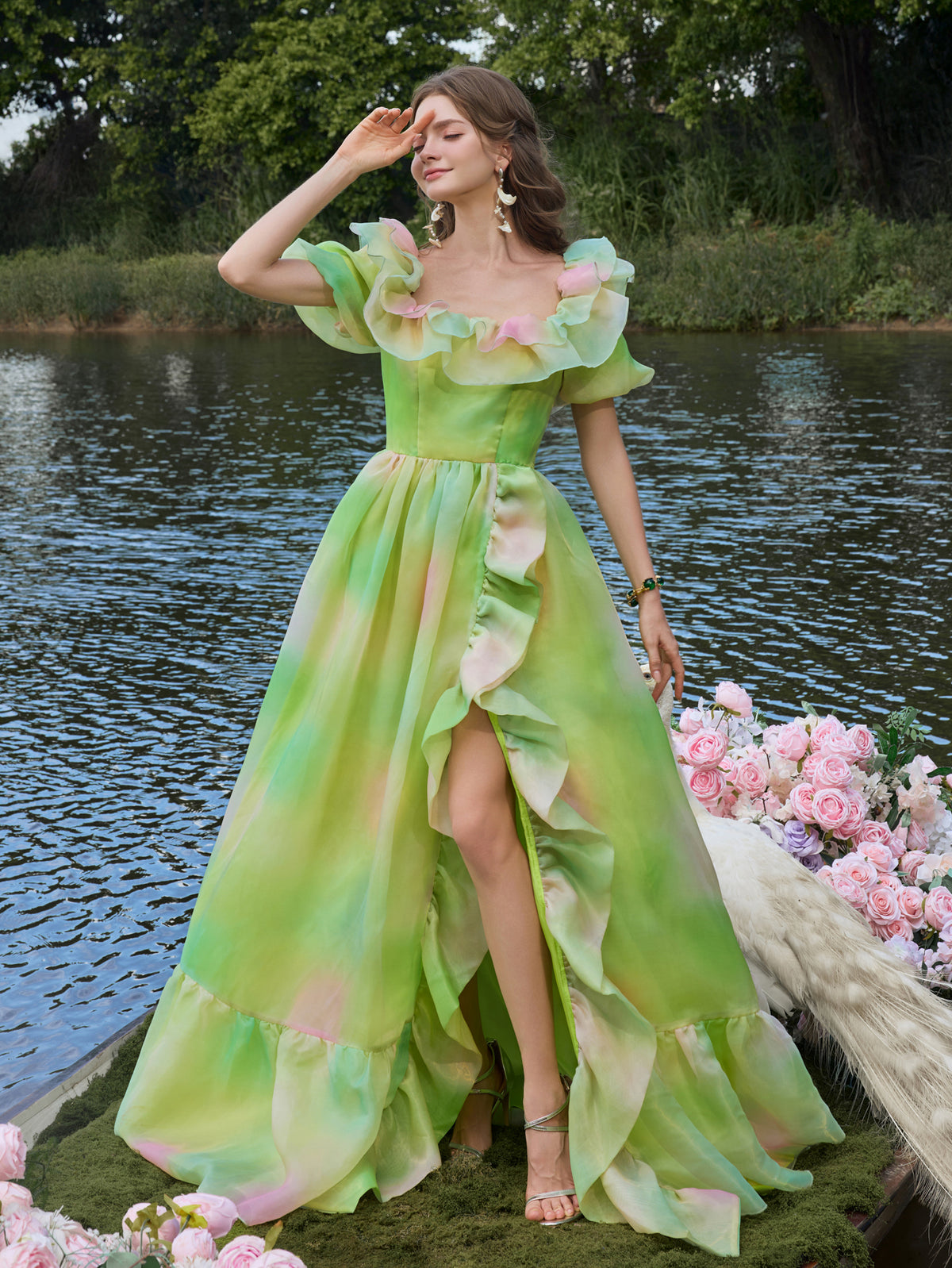Elegant Ruffle Trim Puff Sleeves Split Ombre Organza Prom Dress