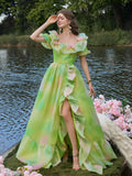 Elegant Ruffle Trim Puff Sleeves Split Ombre Organza Prom Dress