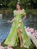 Elegant Ruffle Trim Puff Sleeves Split Ombre Organza Prom Dress