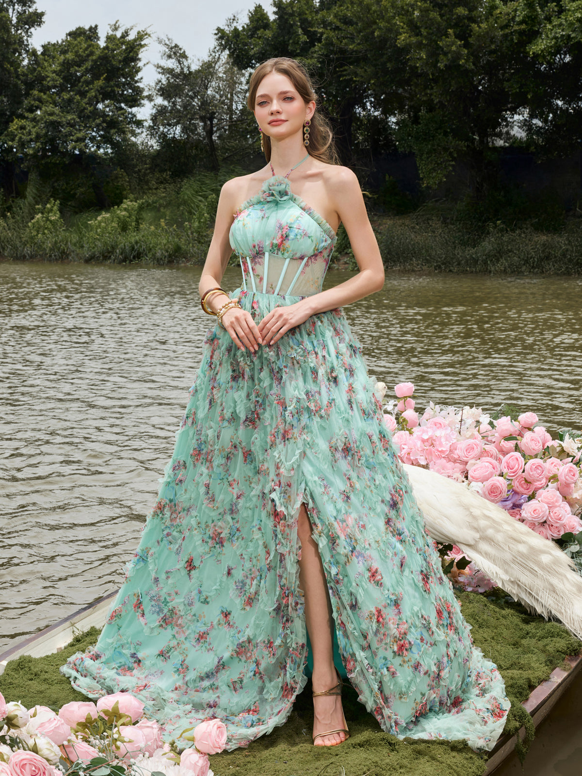 Elegant Cascading Ruffle Floral Tulle Halter Neck Split Prom Dress