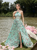 Elegant Cascading Ruffle Floral Tulle Halter Neck Split Prom Dress