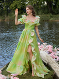 Elegant Ruffle Trim Puff Sleeves Split Ombre Organza Prom Dress