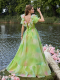Elegant Ruffle Trim Puff Sleeves Split Ombre Organza Prom Dress