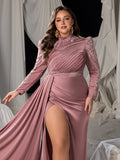 Plus High-Neck Long-Sleeve Beaded Mermaid Gown with High Slit & Floor-Length Train