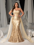 Plus Luxury Embroidered Mermaid Gown with Flowing Veil – Elegant Satin Bridal Attire for Weddings, Red Carpet & Formal Galas, 1XL-3XL