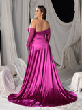 Plus Satin Off Shoulder Mermaid Evening Dress with Pearl Accents