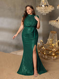 Plus Sequin Evening Gown with High Slit – Mermaid Silhouette for Luxury Weddings or Red-Carpet Events, 1XL-5XL