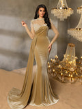 Elegant Pearl Embellished Sheer Bodice Mermaid Hem Velvet Evening Dress