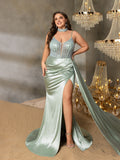 Plus Beaded Sweetheart Mermaid Gown | Spaghetti Straps with Side Slit & Cascading Train